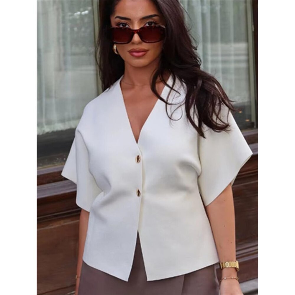 Women's V Neck Short Sleeve Cardigan Sweater Button Front Knit Top - Picture 4 of 9